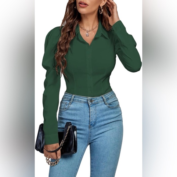 Collar Button Down Puff Long Sleeve Bodysuit Green Size M - Picture 11 of 12